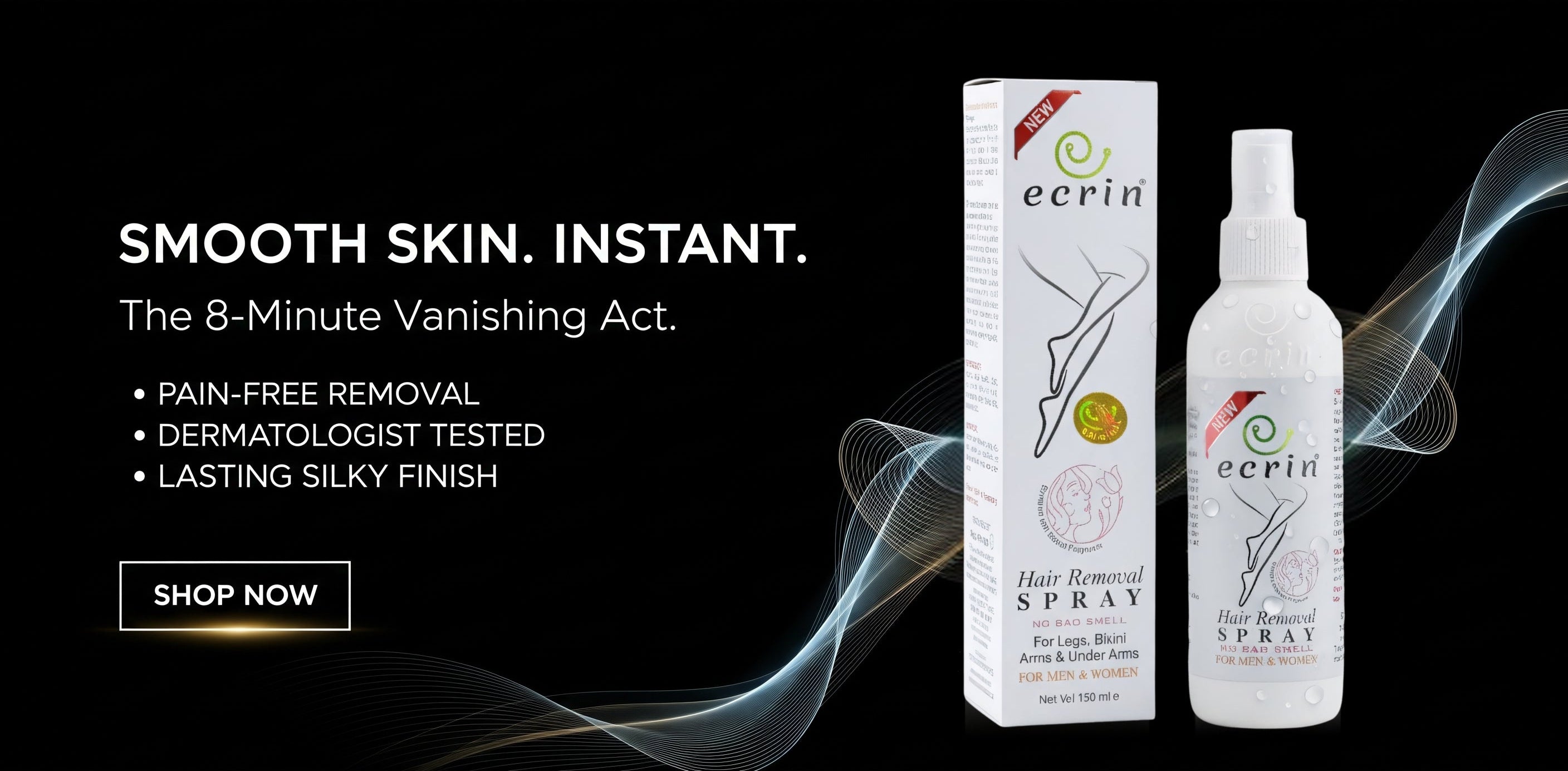 Eerin hair removal spray bottle and packaging on a black background with promotional text.